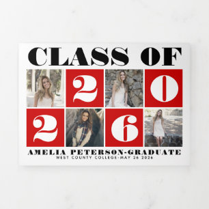Typography Class of 2025 photo collage red Tri-Fold Announcement