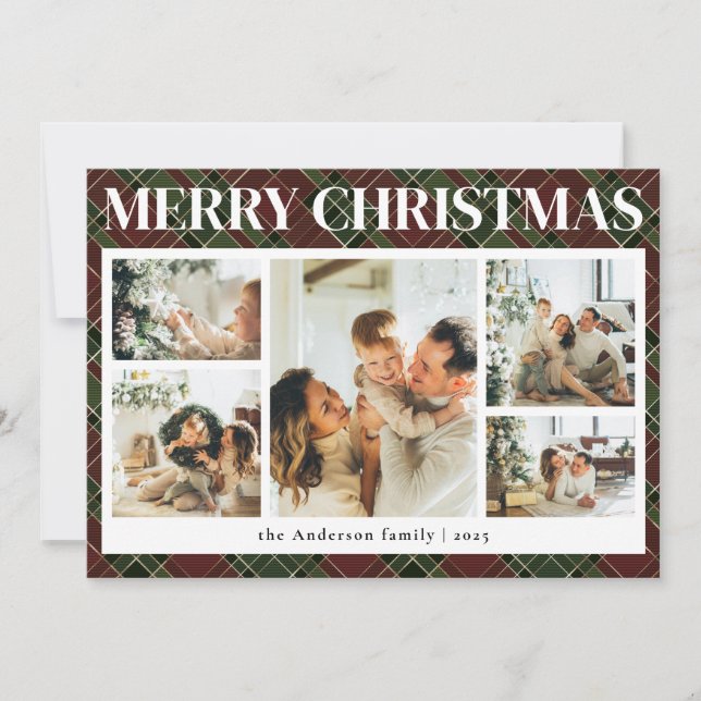 Typography Classy Plaid Photo Collage Christmas Holiday Card (Front)