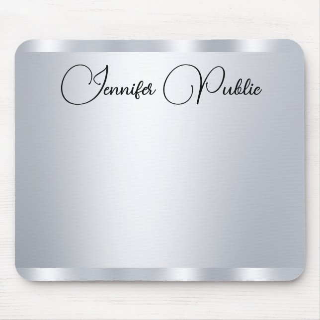 Typography Custom Script Silver Metallic Look Mouse Mat (Front)