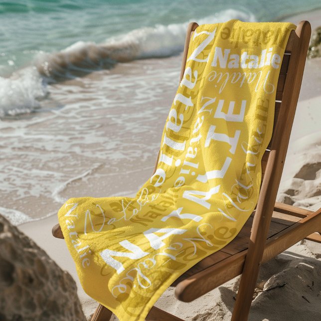 Typography Custom Text Monogram Signature Yellow Beach Towel (Creator Uploaded)
