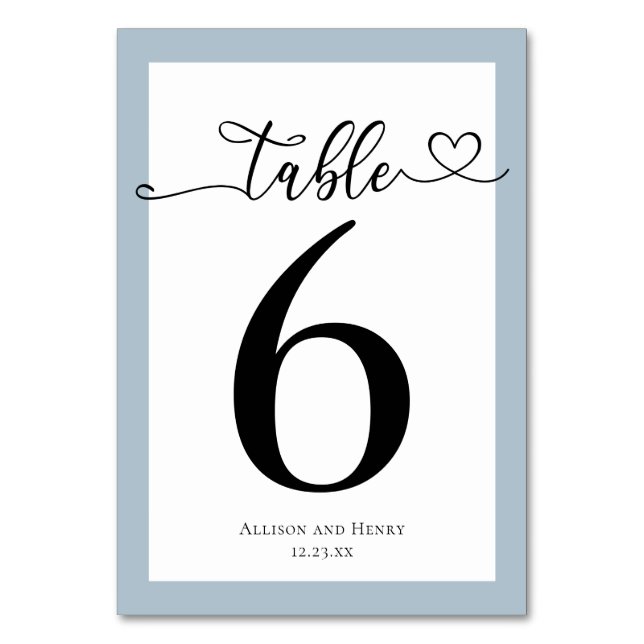 Typography Dusty Blue Grey Wedding Reception Table Number (Front)