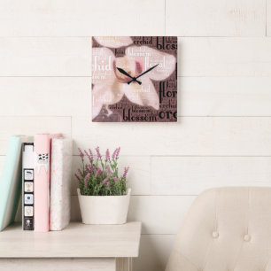 Typography Embedded Orchid, Floral, Blossom Photo Square Wall Clock