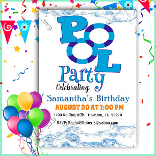 Typography Gender Neutral Pool Party Birthday Invi Invitation