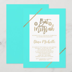 Typography gold floral leaf aqua chic Bat Mitzvah Invitation