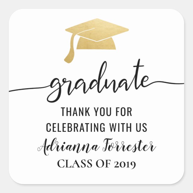 Typography Gold Graduate Hat | Thank You Square Sticker (Front)