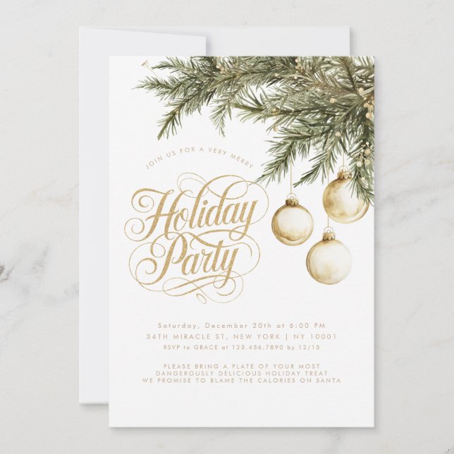 Typography Gold Ornaments Baubles Holiday Party Invitation (Front)