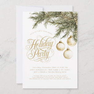 Typography Gold Ornaments Baubles Holiday Party Invitation