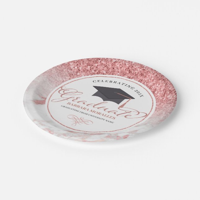 Typography Graduate Rose-Gold Glitter & Marble Paper Plate (Angled)