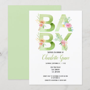 Typography Green Text Pink Flowers Baby Shower Invitation