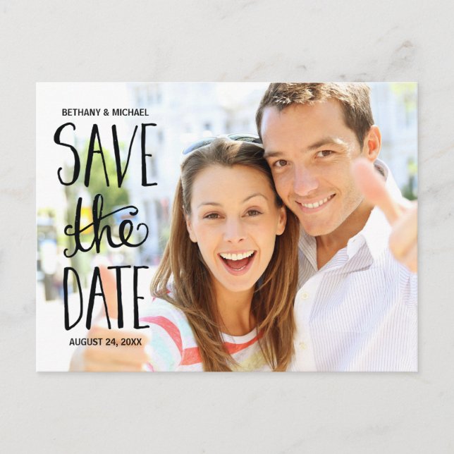 Typography Hand Lettering Photo Save the Date Announcement Postcard (Front)