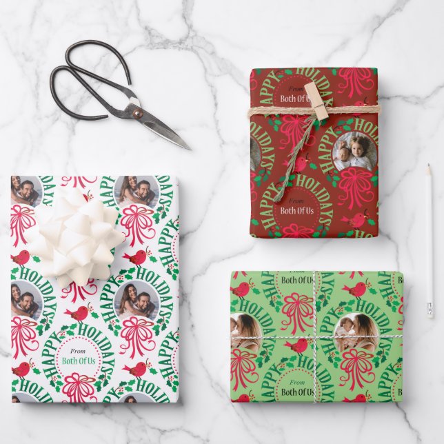  Typography Happy Holidays Photo Wreath From Both  Wrapping Paper Sheet (Front)