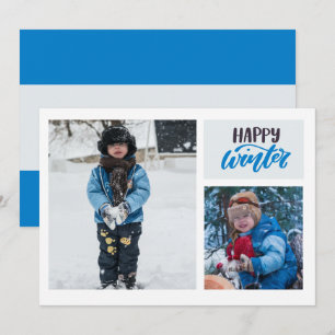 Typography Happy Winter Blue Two Photo Holiday Card