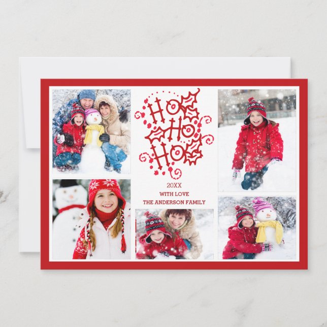 Typography HO HO HO 5 Photo Christmas Holiday Card (Front)