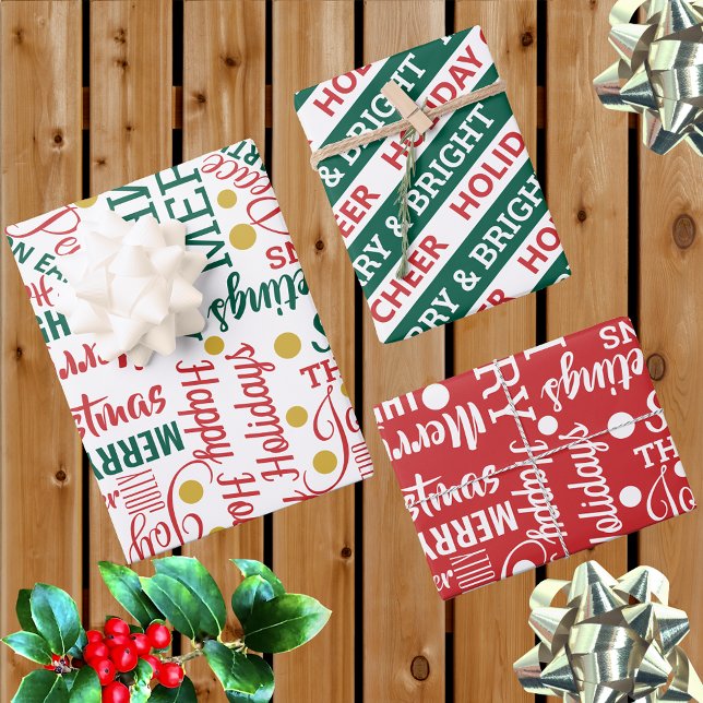 Typography Holiday Assortment Red Green Modern Wrapping Paper Sheet (Creator Uploaded)