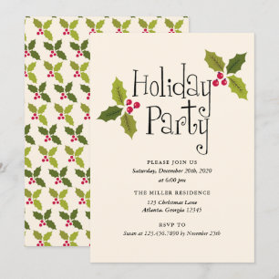 Typography Holly Berries and Leaves Holiday Party Invitation