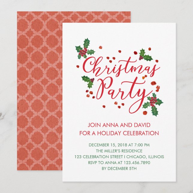 Typography Holly leaves Christmas Party Invitation (Front/Back)
