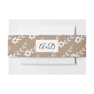Typography initials, white flowers rustic wedding invitation belly band