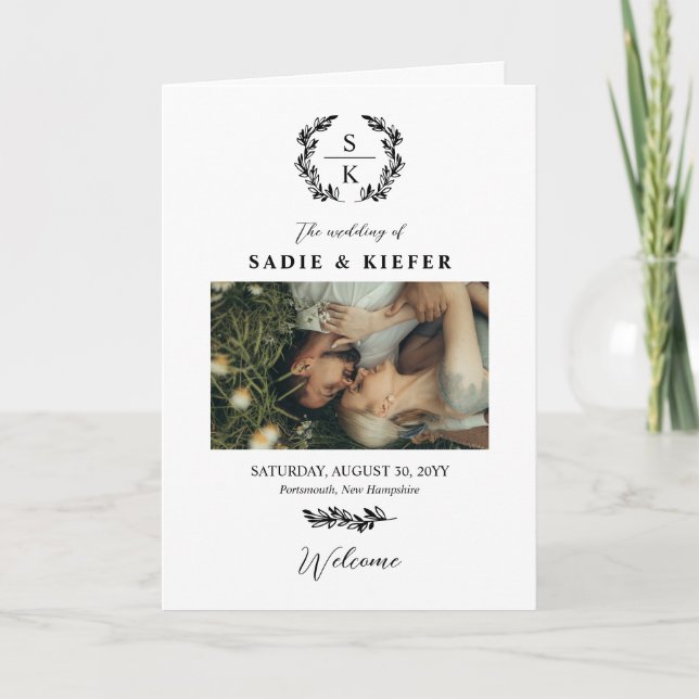 Typography Laurel Wreath Monogram Photo Wedding Programme (Front)