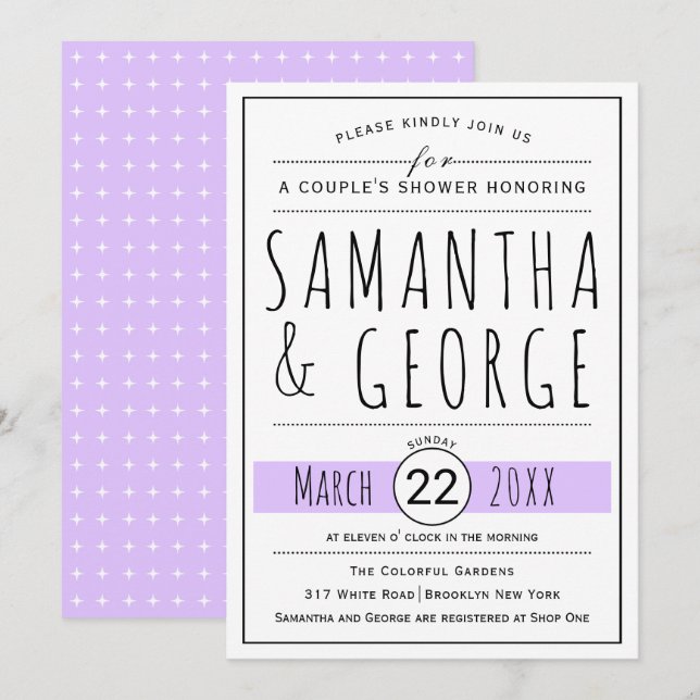 Typography lavender wedding couple's shower invitation (Front/Back)