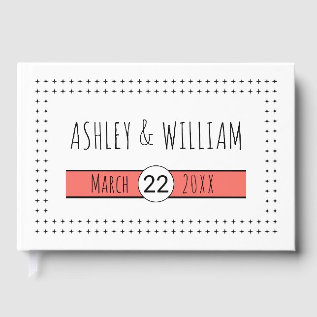Typography living coral geometric wedding guest book (Front)