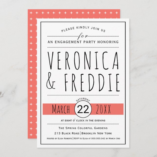 Typography living coral wedding engagement party invitation (Front/Back)