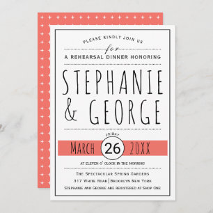 Typography living coral wedding rehearsal dinner invitation