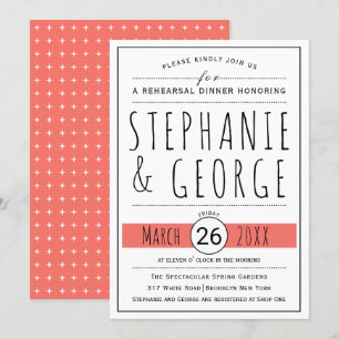 Typography living coral wedding rehearsal dinner invitation