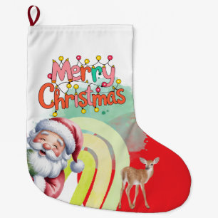 Typography Merry Christmas and Lights & Deer Large Christmas Stocking