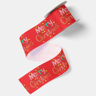 Typography Merry Christmas and Lights Satin Ribbon