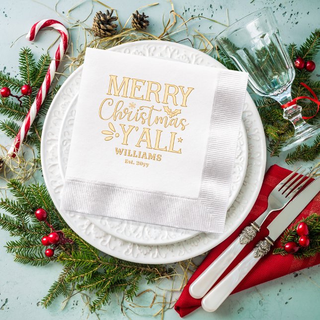 Typography Merry Christmas Y'all Family Name Date Foil Napkins (Typography "Merry Christmas Y'all" Family Name and Date Established Festive Stamped Foil Napkins)