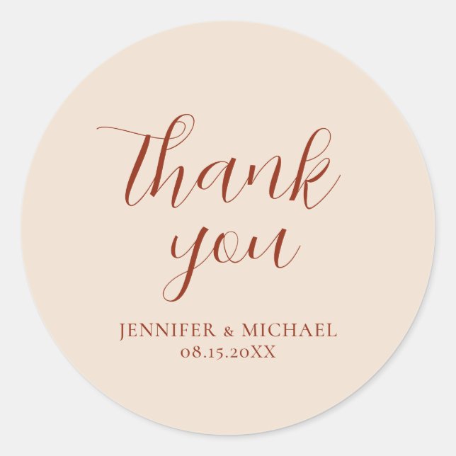 Typography Modern Elegant Thank You Terracotta Classic Round Sticker (Front)
