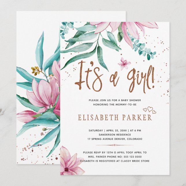 Typography modern it's a girl floral baby shower invitation (Front/Back)