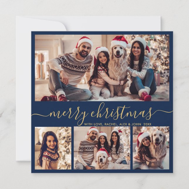 Typography Modern Navy 5 Photo Collage Christmas Holiday Card (Front)