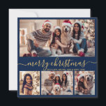 Typography Modern Navy 5 Photo Collage Christmas Holiday Card<br><div class="desc">Modern Minimalist Elegant Calligraphy Navy and Gold 5 Photo Collage Merry Christmas Calligraphy Script Holiday Card. This festive, mimimalist, whimsical holiday card template features pretty four (4) photo collage on front, 1 photo on back side and says „Merry Christmas” greeting text, which is written in a beautiful hand lettering swirly...</div>
