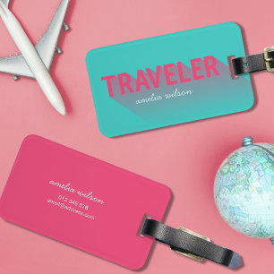 Typography Modern Turquoise Pink Traveller Bag Tag