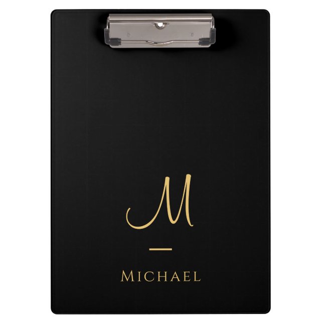 Typography Monogram Clipboard Elegant Black Gold (Front)