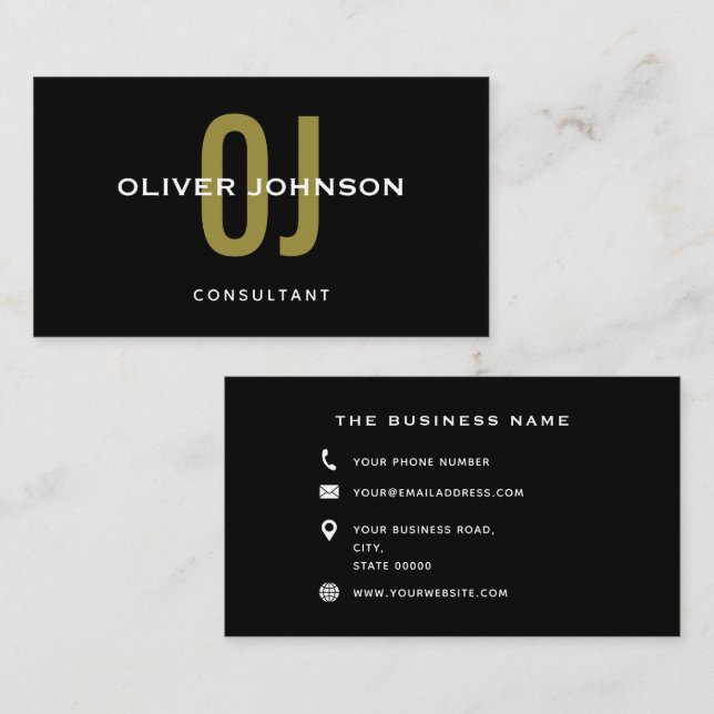 Typography Monogram Name Initials Black White Gold Business Card (Front/Back)