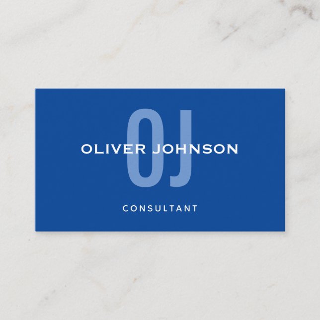 Typography Monogram Name Initials Blue White Basic Business Card (Front)