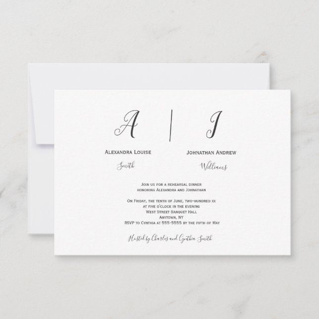 Typography monogram rehearsal dinner invitations (Front)