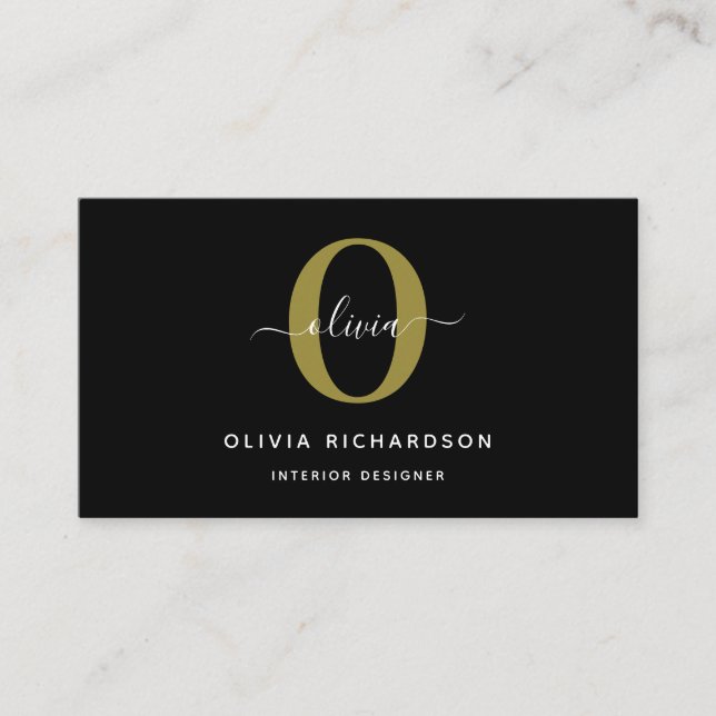 Typography Monogram Script Name Black White Gold Business Card (Front)