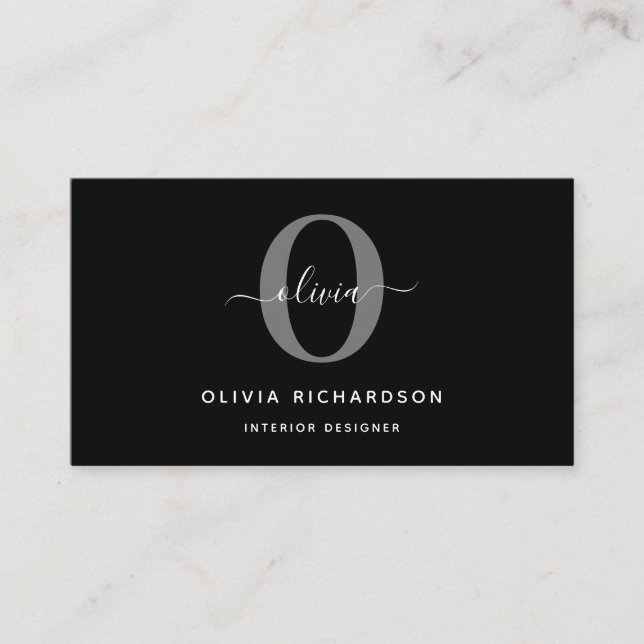 Typography Monogram Script Name Black White Grey Business Card (Front)