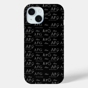 Typography Monograms Stylish Black iPhone 15 Case