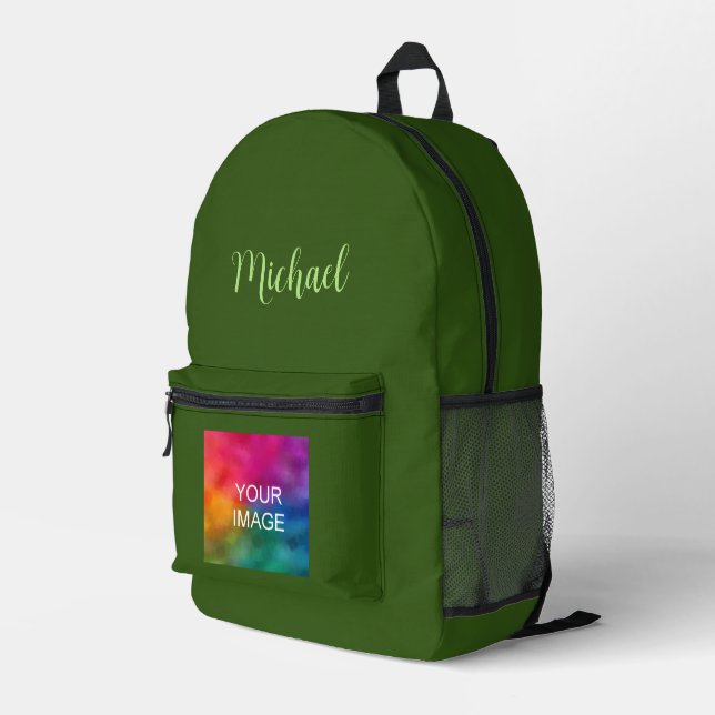Typography Name Custom Forest Green Solid Colour Printed Backpack (Back Corner Right)