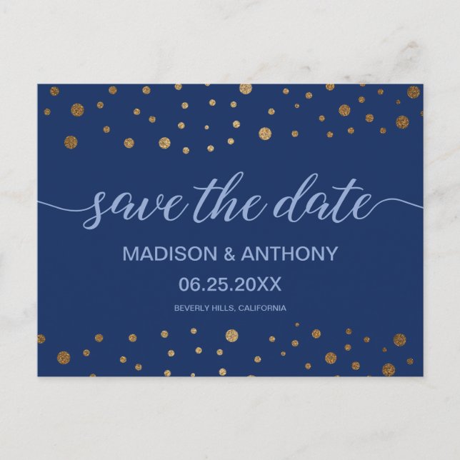 Typography Navy Blue Gold Wedding Save the date Postcard (Front)