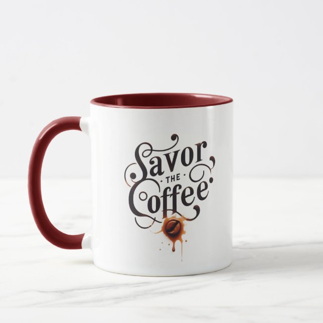 Typography of Savour the Coffee in Maroon Mug (Left)