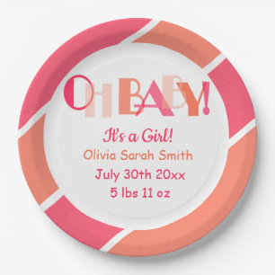 Typography Oh Baby Coral Modern Baby Shower  Paper Plate