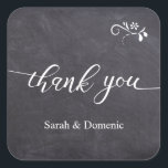 Typography on Chalkboard Names Wedding Thank you Square Sticker<br><div class="desc">Custom Typography on Chalkboard Wedding Thank you - personalise these square stickers for your giveaway,  envelope seals and gifts. Include the names of the bride and groom for their engagement party,  wedding,  bridal shower and other events.  Chalkboard background for a rustic feel,  elegant and modern typography.</div>