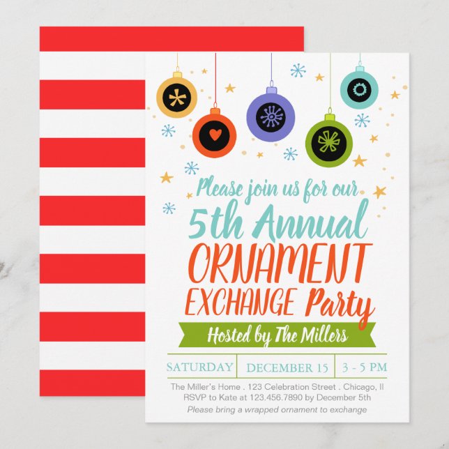 Typography Ornament Exchange Christmas Party Invitation (Front/Back)