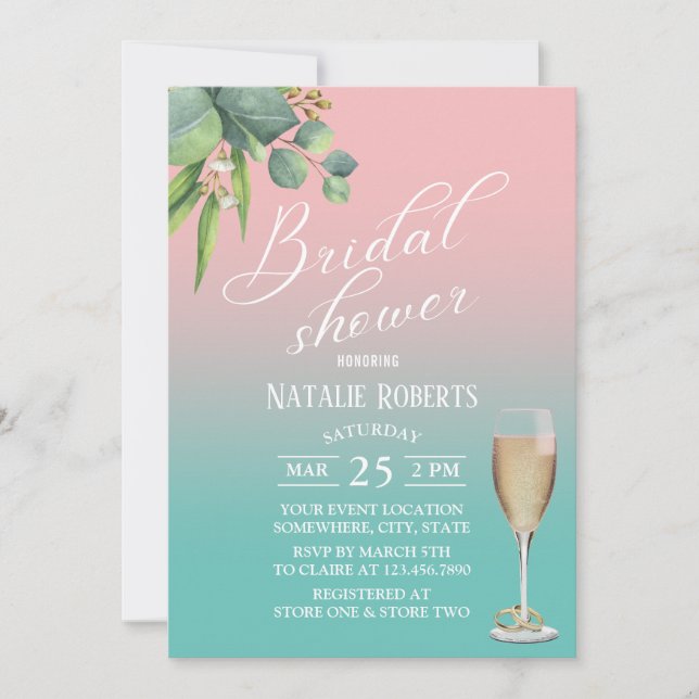Typography Pastel Pink Teal Foliage Bridal Shower Invitation (Front)