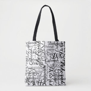 typography pattern of black names on white tote bag